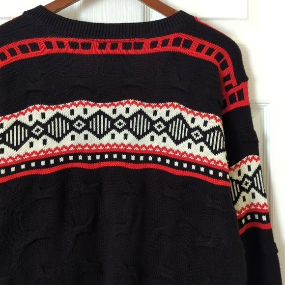 Beldoch Popper 80's Vintage Fair Isle & Pinched Knit Cardigan Sweater Black L - Picture 9 of 9